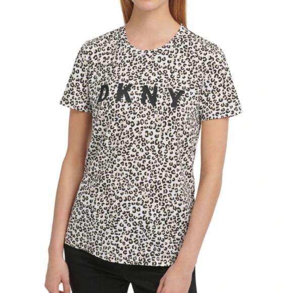DKNY Leopard Print Crew Neck Short Sleeve T Shirt Top Size M - Picture 1 of 11